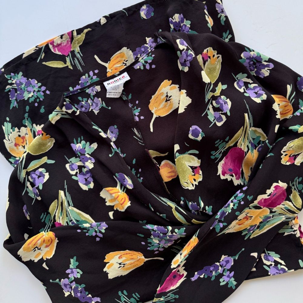 Vintage Rodier Floral Wrap Long Sleeve Black Multicolor Print Top 46 FR US L - Picture 7 of 13